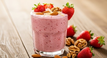 Un batido rosado de fresas, almendras y nuez en un vaso de vidrio, decorado con fresas frescas, almendras laminadas y nueces sobre una mesa de madera.