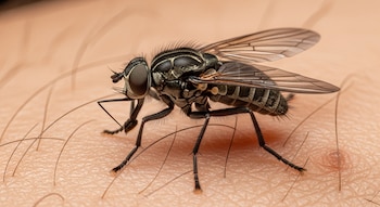 Primer plano detallado de una mosca tsetsé con cuerpo oscuro y alas translúcidas, posada sobre la piel humana con folículos pilosos visibles.