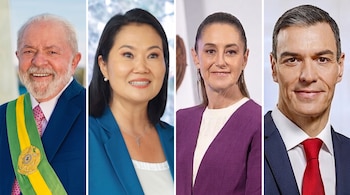 Cuatro retratos contiguos de Luiz Inácio Lula da Silva, Keiko Fujimori, Claudia Sheinbaum y Pedro Sánchez separados por delgadas líneas blancas.
