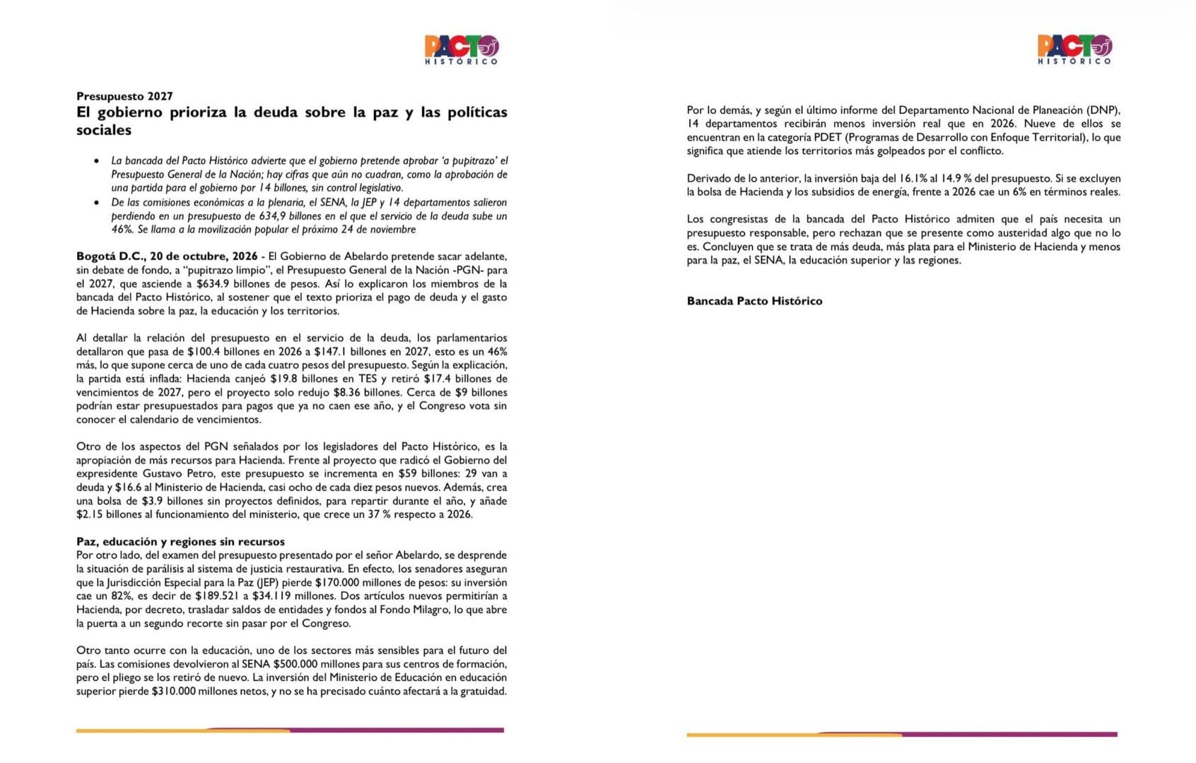 La bancada denunció la inclusión de una bolsa de $3,9 billones sin proyectos definidos y cuestionó la asignación de recursos que, según su pronunciamiento, podrían distribuirse durante la vigencia presupuestal - crédito Pacto Histórico