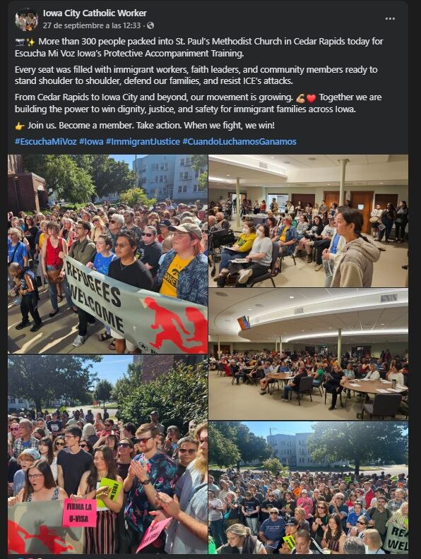 En redes se compartieron imágenes de lo que fue la movilización en la que se pidió la liberación del ciudadano colombiano - crédito Iowa City Catholic Worker/Facebook