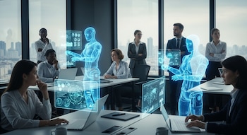 Vista de una oficina moderna con ventanales grandes donde empleados humanos trabajan con laptops junto a dos asistentes de inteligencia artificial holográficos en color azul.