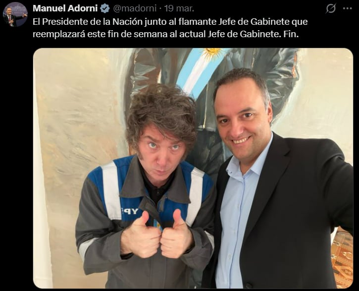 El tuit de Manuel Adorni el 19 de marzo luego de la reunión con Javier Milei
