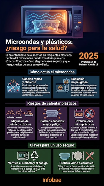 Infográfico detallado que muestra un microondas calentando un recipiente plástico dañado y ofrece información sobre riesgos para la salud y uso seguro de envases.