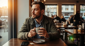 Hombre con chaqueta verde sentado en una cafetería, toma café en una taza gris. Un teléfono móvil y un platillo con cuchara están sobre la mesa. Ventana y personas de fondo.