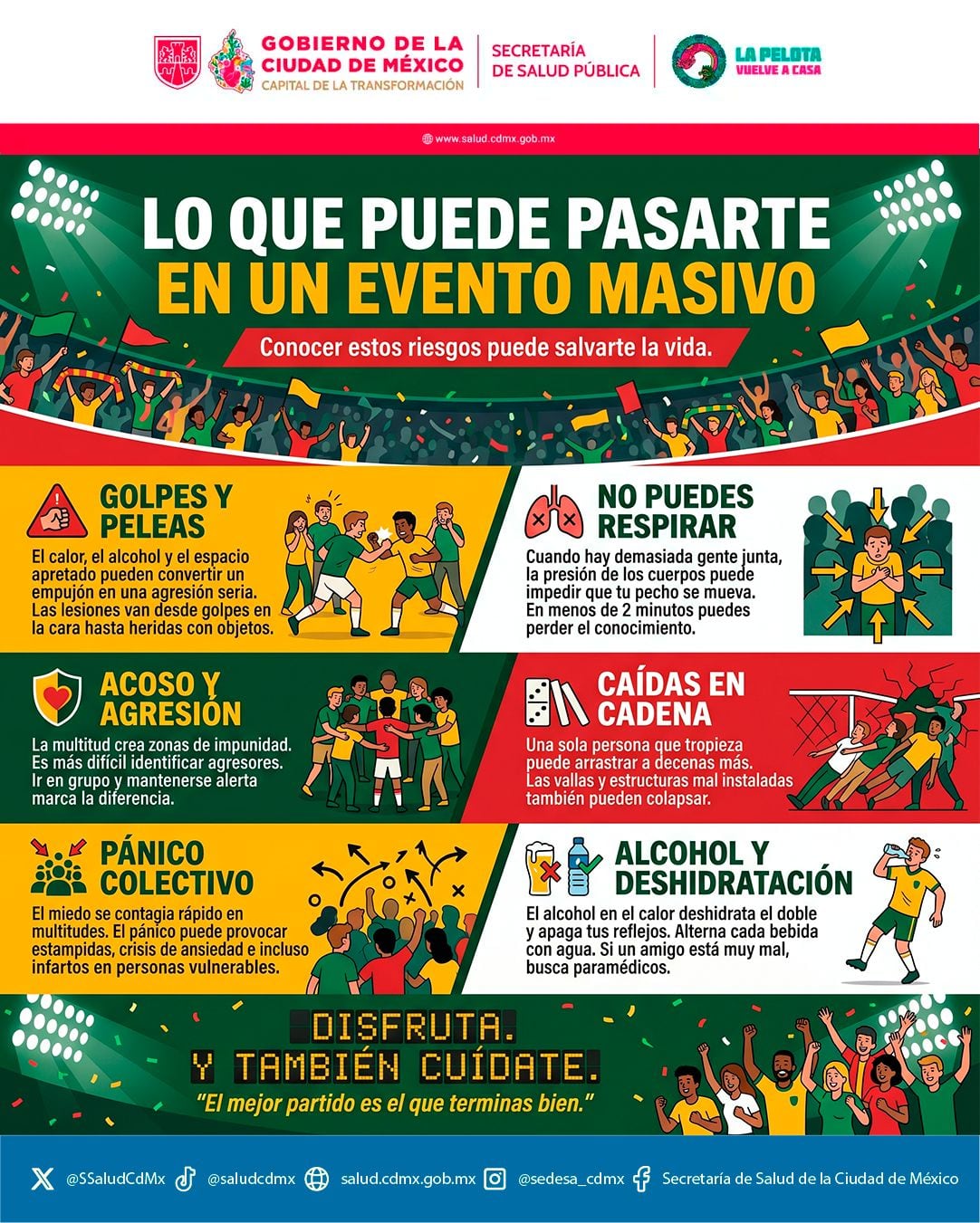 Una infografía de la Secretaría de Salud Pública de la Ciudad de México ilustra los riesgos asociados a eventos masivos para la seguridad y salud de los asistentes. (Secretaría de Salud Pública de la Cdmx)