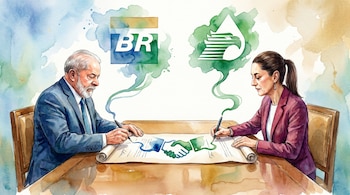 Ilustración acuarela de un hombre y una mujer sentados en una mesa, firmando un documento con los logotipos de Petrobras y Pemex flotando arriba.