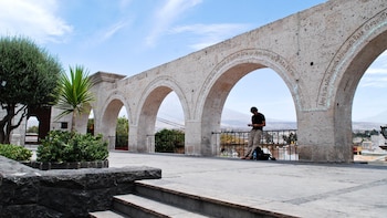 Arcos de piedra clara con grabados, una barandilla metálica, un hombre de pie y una pequeña planta en una terraza