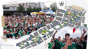 Montaje de aficionados de fútbol, un mapa con iconos de estadio y monumentos, balones, camiseta de México y confeti tricolor.