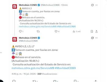 Servicio lento por lluvias (X @MetrobusCDMX)