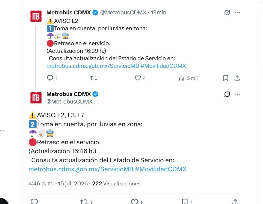 Servicio lento por lluvias (X @MetrobusCDMX)
