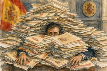 Imagen ilustrativa de un funcionario consular sepultado por pilas de expedientes de nacionalidad.