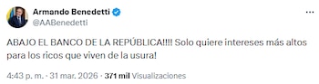 Armando Benedetti criticó al Banco de la República y lo acusó de favorecer a sectores privilegiados - crédito @AABenedetti/X
