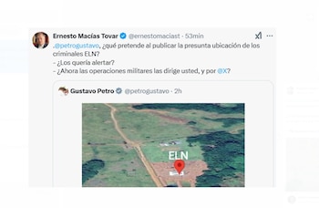 Ernesto Macías se sumó a la polémica de la revelación de las coordenadas del ELN por parte del presidente Petro - crédito @ernestomaciast/X