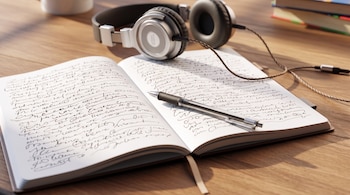 Cuaderno abierto con texto manuscrito, un bolígrafo sobre sus hojas y unos auriculares de diadema sobre una mesa de madera.