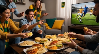 Grupo de personas sentadas en una sala, con varias arepas en platos sobre una mesa de centro, mirando un partido de fútbol en televisión.