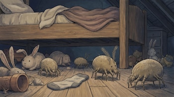 Ilustración de ácaros del polvo de gran tamaño, conejos de peluche y un calcetín sobre un suelo de madera bajo una cama.