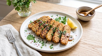 Rebanadas de tempeh en un plato blanco con hierbas y un gajo de limón junto a un tazón de salsa y un tenedor sobre una mesa de madera.