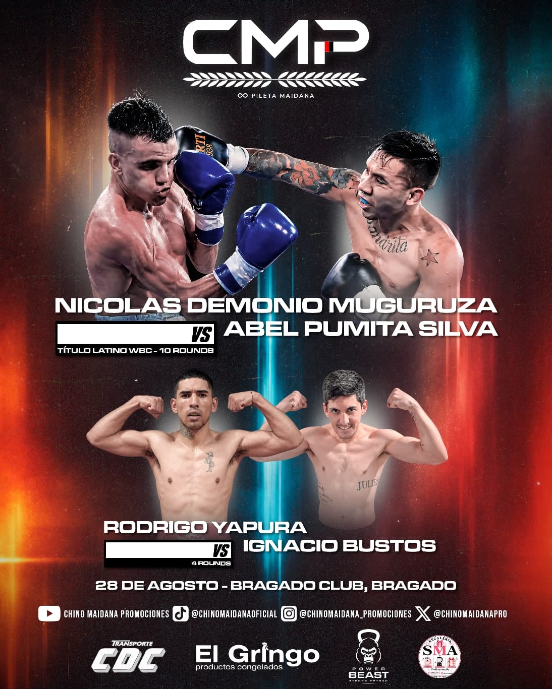 El próximo evento de CMP será este viernes en Bragado Club (Bragado) con el combate entre Nicolás Muguruza vs Pumita Silva por el título latino CMB (@ChinoMaidana_Promociones)