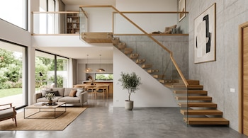 Salón con sofá, mesa baja, planta en maceta, escalera de madera con barandilla de vidrio, pared de hormigón y amplio ventanal con vista al jardín.