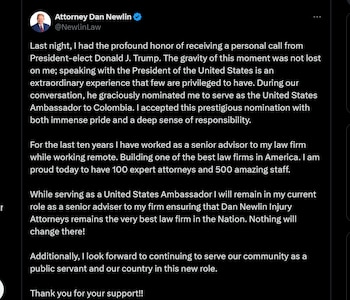 Pronunciamiento de Daniel J . Lewin tras designación como nuevo embajador de Estados Unidos en Colombia - crédito @NewlinLaw/X
