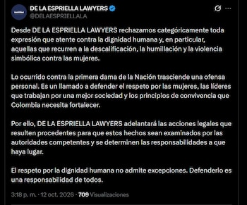 El bufete consideró que las expresiones emitidas en redes sociales representan un acto de violencia simbólica contra las mujeres - crédito @DELAESPRIELLALA / X