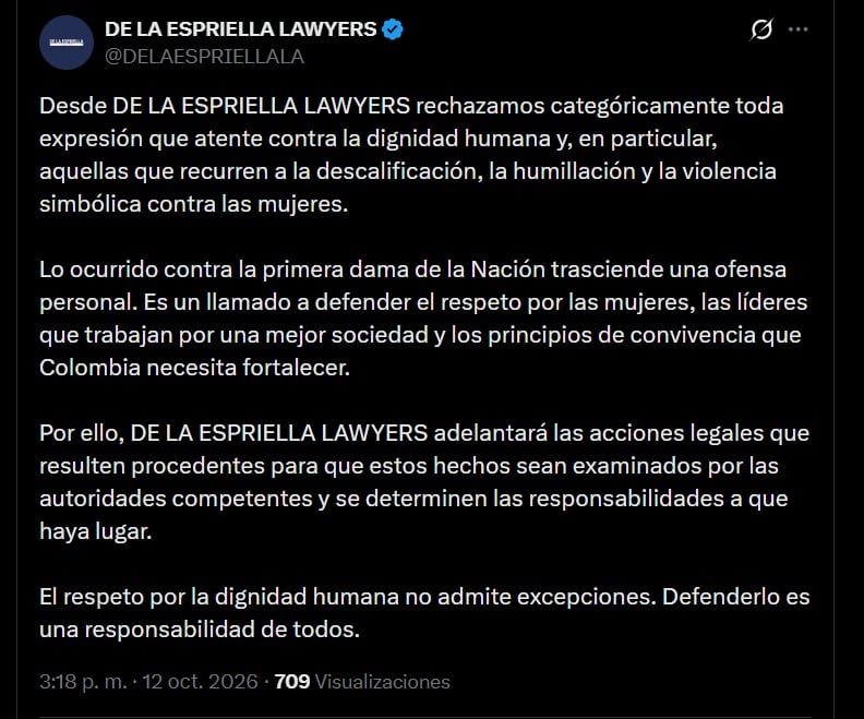 El bufete consideró que las expresiones emitidas en redes sociales representan un acto de violencia simbólica contra las mujeres - crédito @DELAESPRIELLALA / X