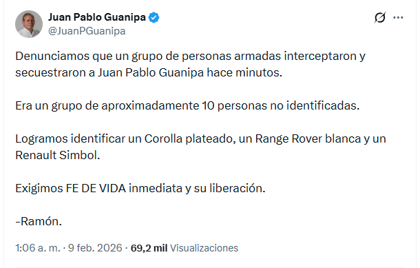 El comunicado de Ramón Guanipa, hijo del dirigente opositor, vía X