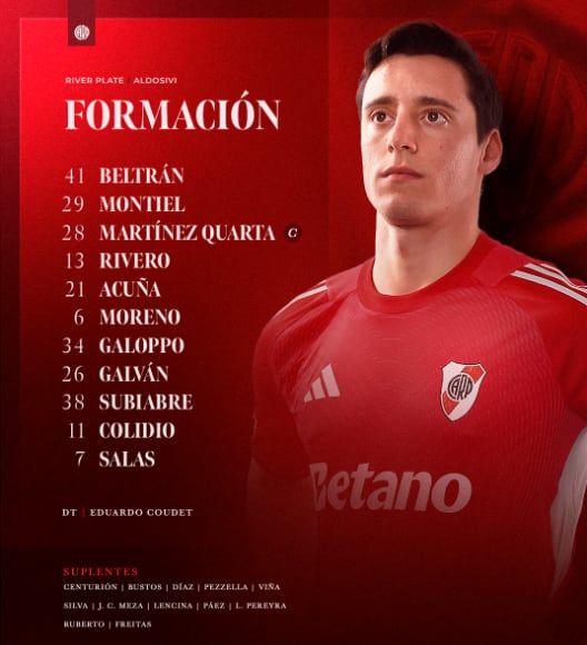 Aqui está a escalação escolhida por Eduardo Coudet (Crédito: @RiverPlate/X)