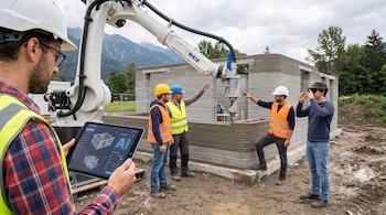 Hombres en un sitio de construcción, uno con tableta y otro con gafas de realidad aumentada, junto a un brazo robótico que imprime una casa en 3D.