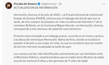 Minutos antes de las 11 horas, la Fiscalía de Sonora, emitió este comunicado. (X: @fgjesonora)