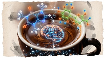 Taza de café vista desde arriba con un cerebro estilizado reflejado en su superficie y grandes estructuras moleculares (cafeína, mozambiosida) flotando sobre el líquido.