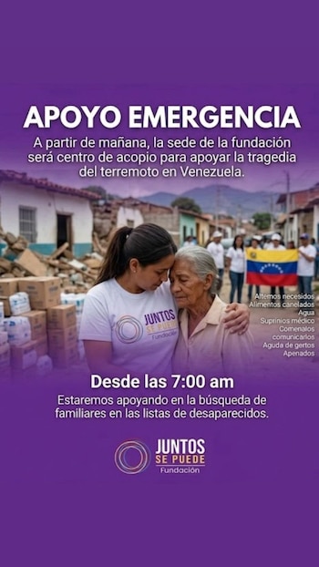 La Fundación Juntos Se Puede anunció que habilitó un centro de acopio en Bogotá para reunir donaciones destinadas a las familias afectadas por el terremoto en Venezuela - crédito @fjuntossepuede/X