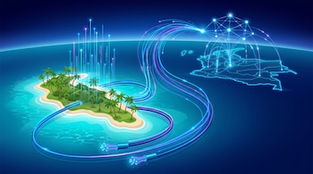 Una isla tropical con palmeras en el mar, conectada por brillantes cables de fibra óptica a un mapa luminoso de Colombia continental con una red digital.