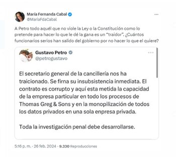 María Fernanda Cabal cuestiona las destituciones en el Gobierno de Petro - crédito @MariaFdaCabal/X