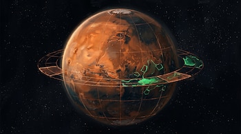 Pintura del planeta Marte en el espacio con textura de óleo, una cuadrícula de coordenadas y un anillo orbital con secciones de color verde.