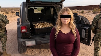 Yanet “N” fue detenida en San Luis Río Colorado, Sonora, a pocos metros del puente fronterizo con Arizona, donde fueron asegurados 5 mil 445 cartuchos calibre 7.62 × 39 milímetros. (Imagen ilustrativa generada con IA | Infobae México)