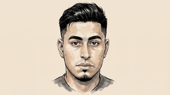 Caricatura de Darwin Cárcamo Santiago, hombre joven con rostro ovalado, piel trigueña, cabello negro corto, vello en la barbilla, sobre un fondo beige.
