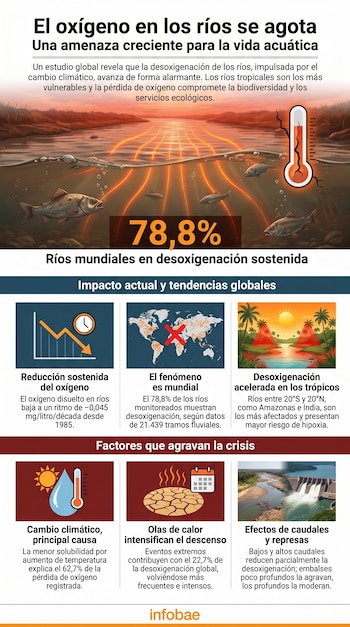 Infografía que muestra peces nadando en un río con líneas naranjas que simulan calor y un termómetro roto, indicando desoxigenación y alta temperatura.
