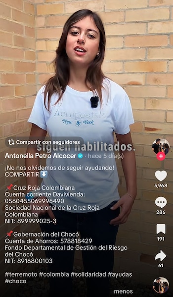 Antonella Petro difundió cuentas para recibir donaciones destinadas a las comunidades afectadas en Chocó - crédito @antonellapetrooficial/TikTok