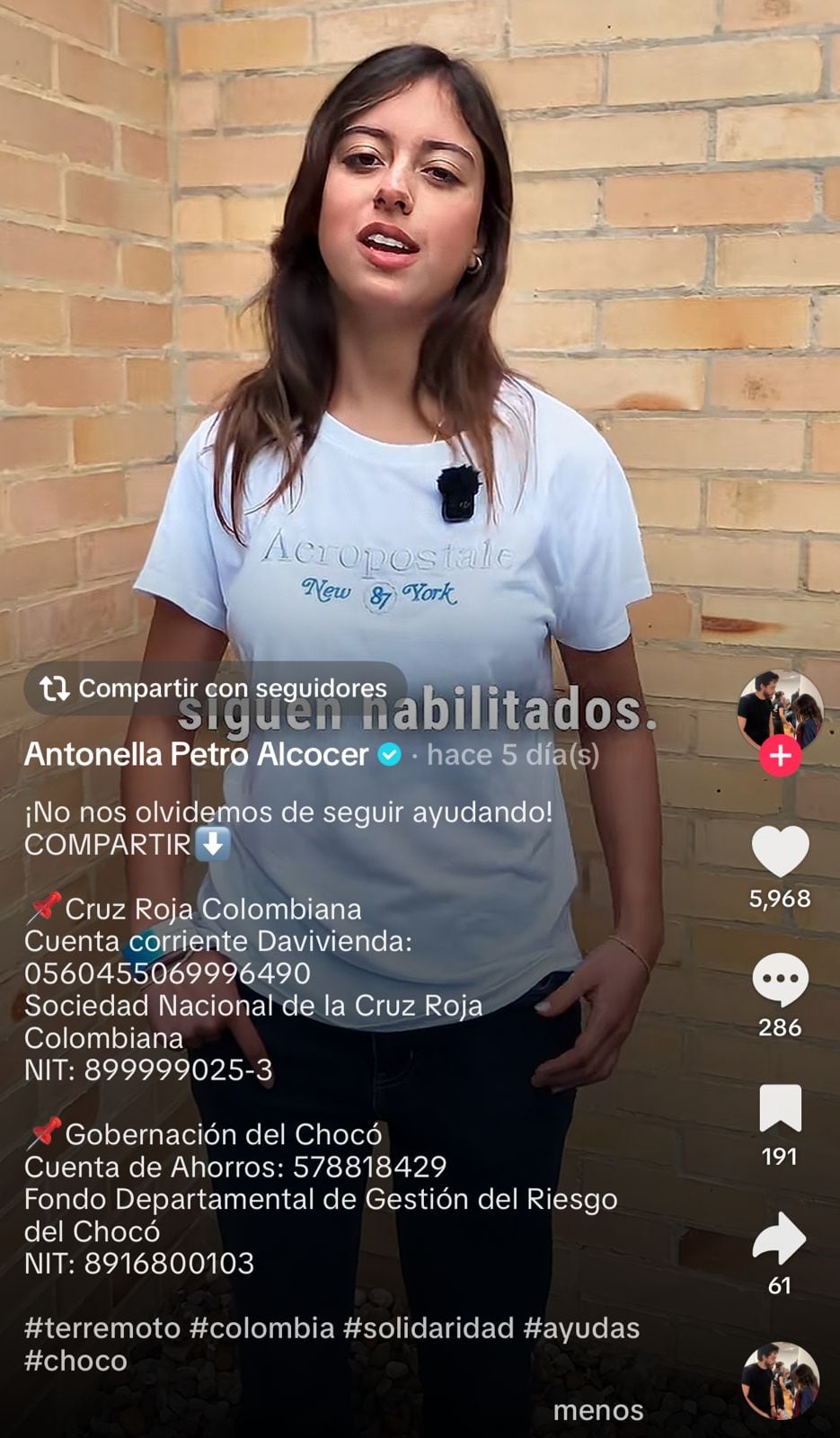 Antonella Petro difundió cuentas para recibir donaciones destinadas a las comunidades afectadas en Chocó - crédito @antonellapetrooficial/TikTok