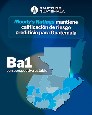 Imagen gráfica con el logo del Banco de Guatemala y un mapa de Guatemala en tonos azules, mostrando la calificación Ba1 de Moody's Ratings