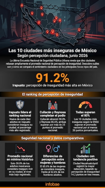 Mapa de México con diez puntos rojos. Título: 'Las 10 ciudades más inseguras de México'. Detalle del 91.2% de Irapuato. Bloques informativos y logo Infobae.