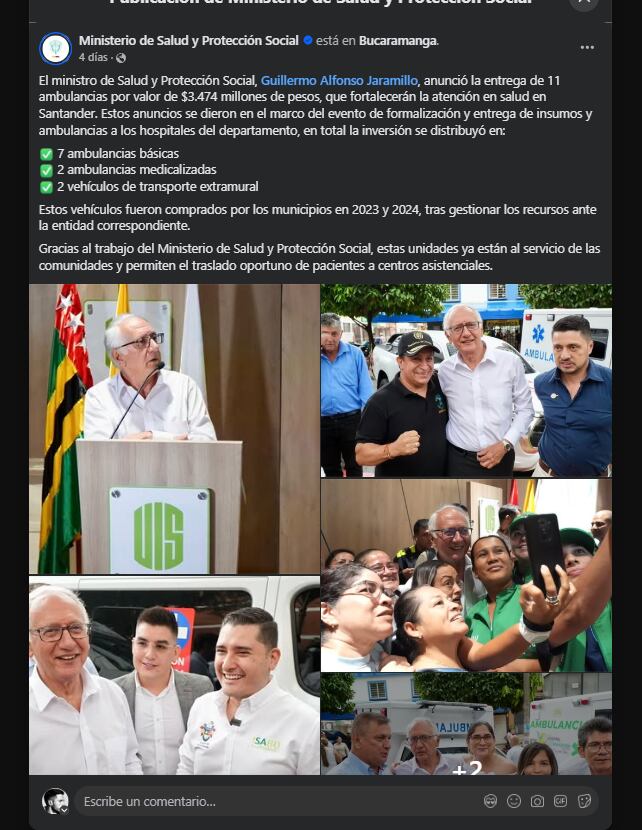 Durante el evento convocado por el Ministerio de Salud, se oficializó la entrega de 11 ambulancias, con una inversión de $3.474 millones, destinadas a mejorar la prestación de servicios de salud en el departamento de Santander - crédito Ministerio de salud/Facebook