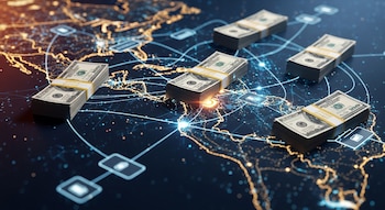 Varios fajos de billetes de cien dólares sobre un mapa continental oscuro con líneas y nodos luminosos que indican una red de conexiones digitales.