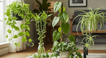 Varias plantas de interior en un salón: un potus colgante, bambú de la suerte en un jarrón, filodendro en un tutor, hiedra y una cinta con hijuelos.