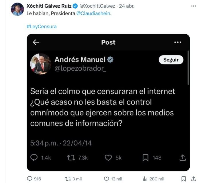 Xóchitl Gálvez recordó un tuit de AMLO en que acusa de censura al gobierno de Peña Nieto. | X- Xóchitl Gálvez