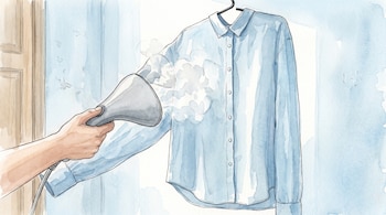 Ilustración en acuarela de una mano que sostiene un vaporizador frente a una camisa azul suspendida en una percha.