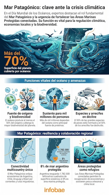 Infografía sobre el Mar Patagónico con mapa de Sudamérica, vida marina, corrientes oceánicas y gráficos sobre funciones vitales del océano, amenazas y resiliencia regional.