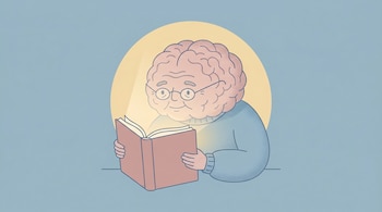 Ilustración plana de un cerebro anciano con gafas y brazos leyendo un libro abierto de donde emana luz, iluminando el cerebro sobre un fondo azul claro.
